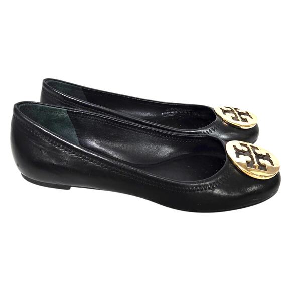 Tory Burch Reva Mestico Ballet Flats Black Leather Round Toe Logo Medallion 6 - Picture 3 of 16